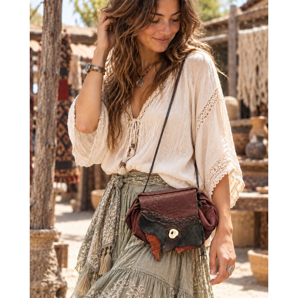 Handmade Artisan Leather Crossbody Pouch Bag Brown Patchwork Bone Button Boho